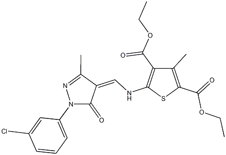 diethyl 5-({[1-(3-chlorophenyl)-3-methyl-5-oxo-1,5-dihydro-4H-pyrazol-4-ylidene]methyl}amino)-3-methyl-2,4-thiophenedicarboxylate Struktur