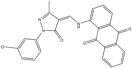 1-({[1-(3-chlorophenyl)-3-methyl-5-oxo-1,5-dihydro-4H-pyrazol-4-ylidene]methyl}amino)anthra-9,10-quinone Struktur