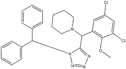 1-[(1-benzhydryl-1H-tetraazol-5-yl)(3,5-dichloro-2-methoxyphenyl)methyl]piperidine Struktur