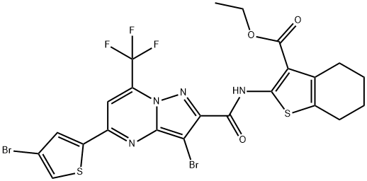 ethyl 2-({[3-bromo-5-(4-bromo-2-thienyl)-7-(trifluoromethyl)pyrazolo[1,5-a]pyrimidin-2-yl]carbonyl}amino)-4,5,6,7-tetrahydro-1-benzothiophene-3-carboxylate Struktur