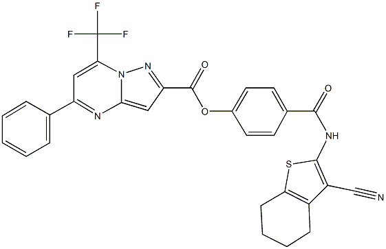 4-{[(3-cyano-4,5,6,7-tetrahydro-1-benzothien-2-yl)amino]carbonyl}phenyl 5-phenyl-7-(trifluoromethyl)pyrazolo[1,5-a]pyrimidine-2-carboxylate Struktur