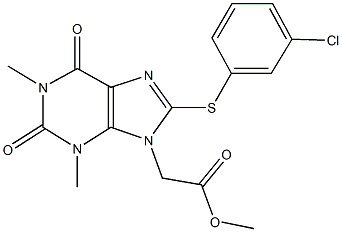 methyl {8-[(3-chlorophenyl)sulfanyl]-1,3-dimethyl-2,6-dioxo-1,2,3,6-tetrahydro-9H-purin-9-yl}acetate Struktur