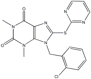 9-(2-chlorobenzyl)-1,3-dimethyl-8-(2-pyrimidinylsulfanyl)-3,9-dihydro-1H-purine-2,6-dione Struktur