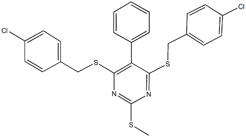 4,6-bis[(4-chlorobenzyl)sulfanyl]-2-(methylsulfanyl)-5-phenylpyrimidine Struktur