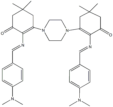 2-{[4-(dimethylamino)benzylidene]amino}-3-[4-(2-{[4-(dimethylamino)benzylidene]amino}-5,5-dimethyl-3-oxo-1-cyclohexen-1-yl)-1-piperazinyl]-5,5-dimethyl-2-cyclohexen-1-one Struktur