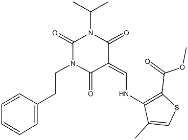 methyl 3-{[(1-isopropyl-2,4,6-trioxo-3-(2-phenylethyl)tetrahydro-5(2H)-pyrimidinylidene)methyl]amino}-4-methyl-2-thiophenecarboxylate Struktur