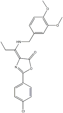 2-(4-chlorophenyl)-4-{1-[(3,4-dimethoxybenzyl)amino]propylidene}-1,3-oxazol-5(4H)-one Struktur