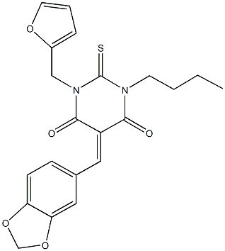 5-(1,3-benzodioxol-5-ylmethylene)-1-butyl-3-(2-furylmethyl)-2-thioxodihydro-4,6(1H,5H)-pyrimidinedione Struktur