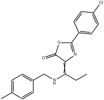 2-(4-chlorophenyl)-4-{1-[(4-methylbenzyl)amino]propylidene}-1,3-oxazol-5(4H)-one Struktur