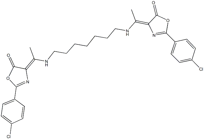 2-(4-chlorophenyl)-4-{1-[(7-{[1-(2-(4-chlorophenyl)-5-oxo-1,3-oxazol-4(5H)-ylidene)ethyl]amino}heptyl)amino]ethylidene}-1,3-oxazol-5(4H)-one Struktur