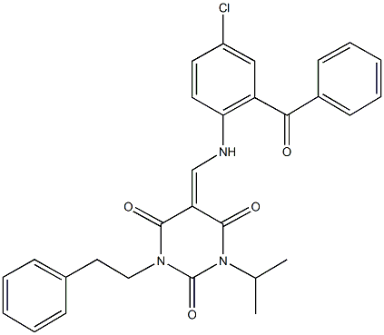 5-[(2-benzoyl-4-chloroanilino)methylene]-1-isopropyl-3-(2-phenylethyl)-2,4,6(1H,3H,5H)-pyrimidinetrione Struktur