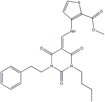 methyl 3-{[(1-butyl-2,4,6-trioxo-3-(2-phenylethyl)tetrahydro-5(2H)-pyrimidinylidene)methyl]amino}-2-thiophenecarboxylate Struktur