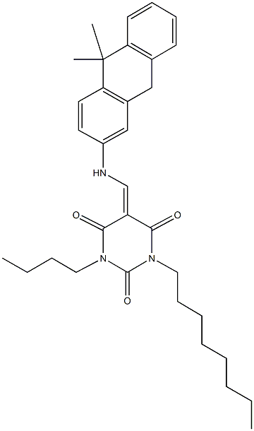 1-butyl-5-{[(10,10-dimethyl-9,10-dihydro-2-anthracenyl)amino]methylene}-3-octyl-2,4,6(1H,3H,5H)-pyrimidinetrione Struktur