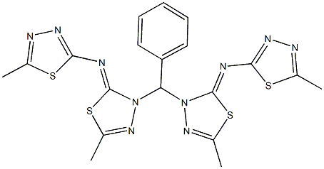 N-{5-methyl-3-[{5-methyl-2-[(5-methyl-1,3,4-thiadiazol-2-yl)imino]-1,3,4-thiadiazol-3-yl}(phenyl)methyl]-1,3,4-thiadiazol-2-ylidene}-N-(5-methyl-1,3,4-thiadiazol-2-yl)amine Struktur