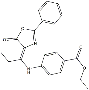 ethyl 4-{[1-(5-oxo-2-phenyl-1,3-oxazol-4(5H)-ylidene)propyl]amino}benzoate Struktur