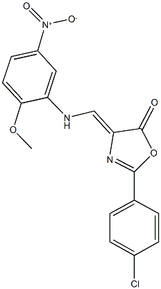 2-(4-chlorophenyl)-4-({5-nitro-2-methoxyanilino}methylene)-1,3-oxazol-5(4H)-one Struktur