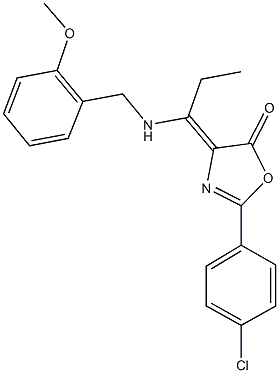 2-(4-chlorophenyl)-4-{1-[(2-methoxybenzyl)amino]propylidene}-1,3-oxazol-5(4H)-one Struktur