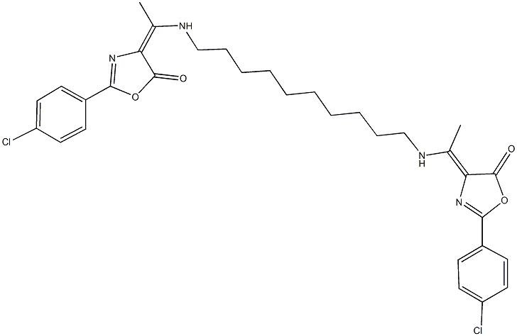 2-(4-chlorophenyl)-4-{1-[(10-{[1-(2-(4-chlorophenyl)-5-oxo-1,3-oxazol-4(5H)-ylidene)ethyl]amino}decyl)amino]ethylidene}-1,3-oxazol-5(4H)-one Struktur