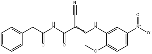 2-cyano-3-{5-nitro-2-methoxyanilino}-N-(phenylacetyl)acrylamide Struktur