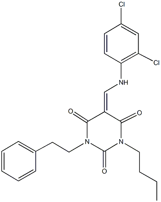 1-butyl-5-[(2,4-dichloroanilino)methylene]-3-(2-phenylethyl)-2,4,6(1H,3H,5H)-pyrimidinetrione Struktur