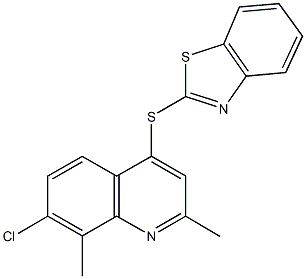 4-(1,3-benzothiazol-2-ylsulfanyl)-7-chloro-2,8-dimethylquinoline Struktur