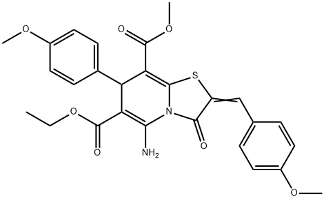 6-ethyl 8-methyl 5-amino-2-(4-methoxybenzylidene)-7-(4-methoxyphenyl)-3-oxo-2,3-dihydro-7H-[1,3]thiazolo[3,2-a]pyridine-6,8-dicarboxylate Struktur