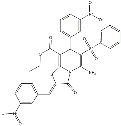 ethyl 5-amino-2-{3-nitrobenzylidene}-7-{3-nitrophenyl}-3-oxo-6-(phenylsulfonyl)-2,3-dihydro-7H-[1,3]thiazolo[3,2-a]pyridine-8-carboxylate Struktur