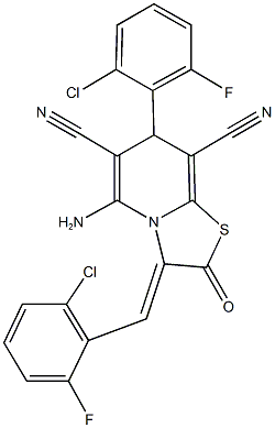 5-amino-3-(2-chloro-6-fluorobenzylidene)-7-(2-chloro-6-fluorophenyl)-2-oxo-2,3-dihydro-7H-[1,3]thiazolo[3,2-a]pyridine-6,8-dicarbonitrile Struktur