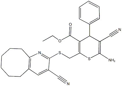 ethyl 6-amino-5-cyano-2-{[(3-cyano-5,6,7,8,9,10-hexahydrocycloocta[b]pyridin-2-yl)sulfanyl]methyl}-4-phenyl-4H-thiopyran-3-carboxylate Struktur