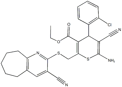 ethyl 6-amino-4-(2-chlorophenyl)-5-cyano-2-{[(3-cyano-6,7,8,9-tetrahydro-5H-cyclohepta[b]pyridin-2-yl)sulfanyl]methyl}-4H-thiopyran-3-carboxylate Struktur