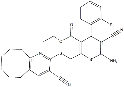 ethyl 6-amino-5-cyano-2-{[(3-cyano-5,6,7,8,9,10-hexahydrocycloocta[b]pyridin-2-yl)sulfanyl]methyl}-4-(2-fluorophenyl)-4H-thiopyran-3-carboxylate Struktur