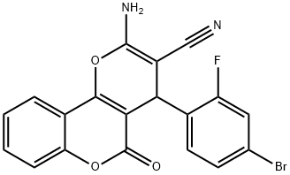 2-amino-4-(4-bromo-2-fluorophenyl)-5-oxo-4H,5H-pyrano[3,2-c]chromene-3-carbonitrile Struktur