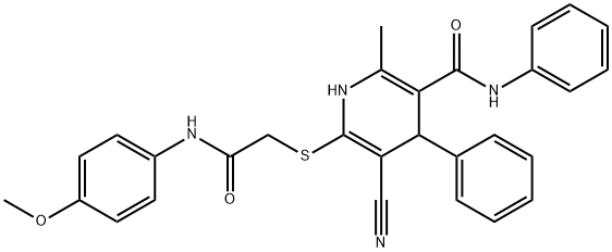 5-cyano-6-{[2-(4-methoxyanilino)-2-oxoethyl]sulfanyl}-2-methyl-N,4-diphenyl-1,4-dihydro-3-pyridinecarboxamide Struktur