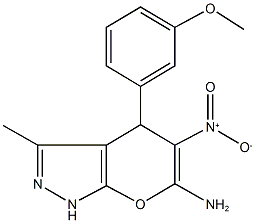 6-amino-5-nitro-4-(3-methoxyphenyl)-3-methyl-1,4-dihydropyrano[2,3-c]pyrazole Struktur