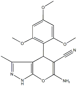 6-amino-3-methyl-4-(2,4,6-trimethoxyphenyl)-1,4-dihydropyrano[2,3-c]pyrazole-5-carbonitrile Struktur