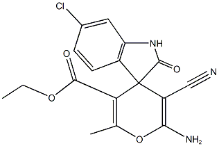 6-amino-6'-chloro-5-cyano-1',3'-dihydro-3-ethoxycarbonyl-2-methyl-2'-oxospiro[4H-pyran-4,3'-(2'H)-indole] Struktur