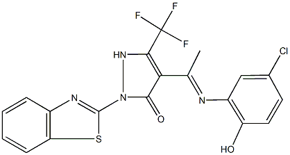 2-(1,3-benzothiazol-2-yl)-4-[N-(5-chloro-2-hydroxyphenyl)ethanimidoyl]-5-(trifluoromethyl)-1,2-dihydro-3H-pyrazol-3-one Struktur