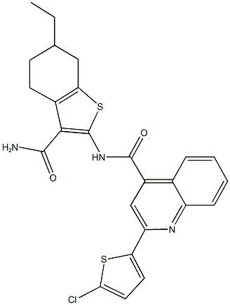 N-[3-(aminocarbonyl)-6-ethyl-4,5,6,7-tetrahydro-1-benzothien-2-yl]-2-(5-chloro-2-thienyl)-4-quinolinecarboxamide Struktur