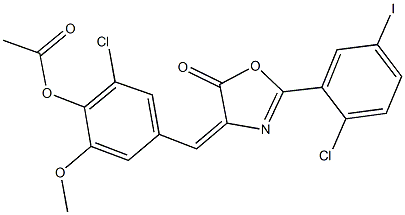 2-chloro-4-[(2-(2-chloro-5-iodophenyl)-5-oxo-1,3-oxazol-4(5H)-ylidene)methyl]-6-methoxyphenyl acetate Struktur