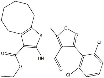 ethyl 2-({[3-(2,6-dichlorophenyl)-5-methyl-4-isoxazolyl]carbonyl}amino)-4,5,6,7,8,9-hexahydrocycloocta[b]thiophene-3-carboxylate Struktur