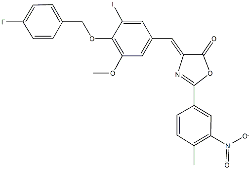 4-{4-[(4-fluorobenzyl)oxy]-3-iodo-5-methoxybenzylidene}-2-{3-nitro-4-methylphenyl}-1,3-oxazol-5(4H)-one Struktur