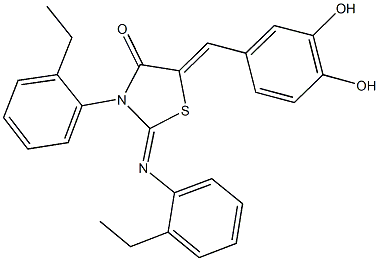 5-(3,4-dihydroxybenzylidene)-3-(2-ethylphenyl)-2-[(2-ethylphenyl)imino]-1,3-thiazolidin-4-one Struktur