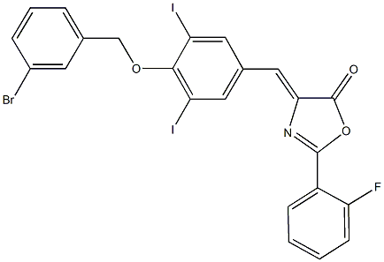 4-{4-[(3-bromobenzyl)oxy]-3,5-diiodobenzylidene}-2-(2-fluorophenyl)-1,3-oxazol-5(4H)-one Struktur