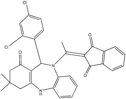 2-{1-[11-(2,4-dichlorophenyl)-3,3-dimethyl-1-oxo-1,2,3,4,5,11-hexahydro-10H-dibenzo[b,e][1,4]diazepin-10-yl]ethylidene}-1H-indene-1,3(2H)-dione Struktur