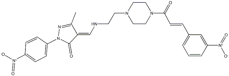 2-{4-nitrophenyl}-4-[({2-[4-(3-{3-nitrophenyl}acryloyl)-1-piperazinyl]ethyl}amino)methylene]-5-methyl-2,4-dihydro-3H-pyrazol-3-one Struktur