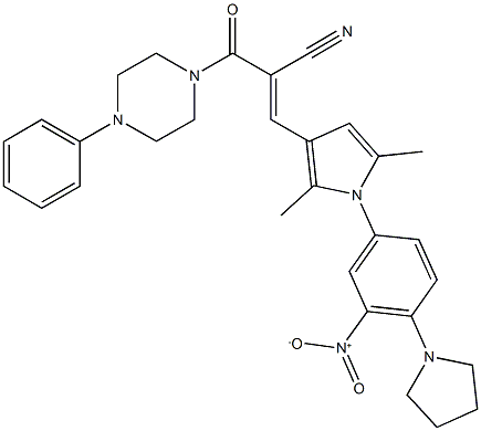 3-{1-[3-nitro-4-(1-pyrrolidinyl)phenyl]-2,5-dimethyl-1H-pyrrol-3-yl}-2-[(4-phenyl-1-piperazinyl)carbonyl]acrylonitrile Struktur