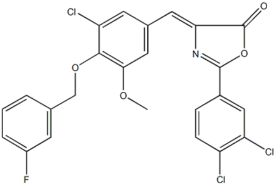 4-{3-chloro-4-[(3-fluorobenzyl)oxy]-5-methoxybenzylidene}-2-(3,4-dichlorophenyl)-1,3-oxazol-5(4H)-one Struktur