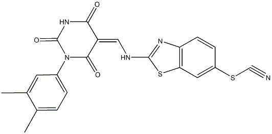 2-({[1-(3,4-dimethylphenyl)-2,4,6-trioxotetrahydro-5(2H)-pyrimidinylidene]methyl}amino)-1,3-benzothiazole-6-sulfenyl cyanide Struktur