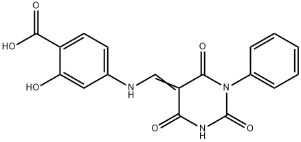 2-hydroxy-4-{[(2,4,6-trioxo-1-phenyltetrahydro-5(2H)-pyrimidinylidene)methyl]amino}benzoic acid Struktur