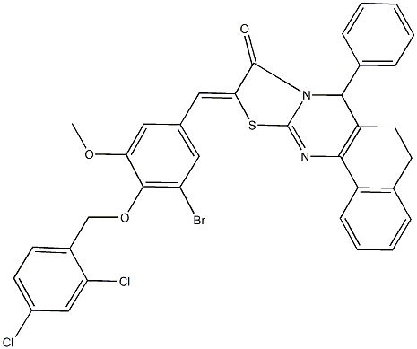 10-{3-bromo-4-[(2,4-dichlorobenzyl)oxy]-5-methoxybenzylidene}-7-phenyl-5,7-dihydro-6H-benzo[h][1,3]thiazolo[2,3-b]quinazolin-9(10H)-one Struktur